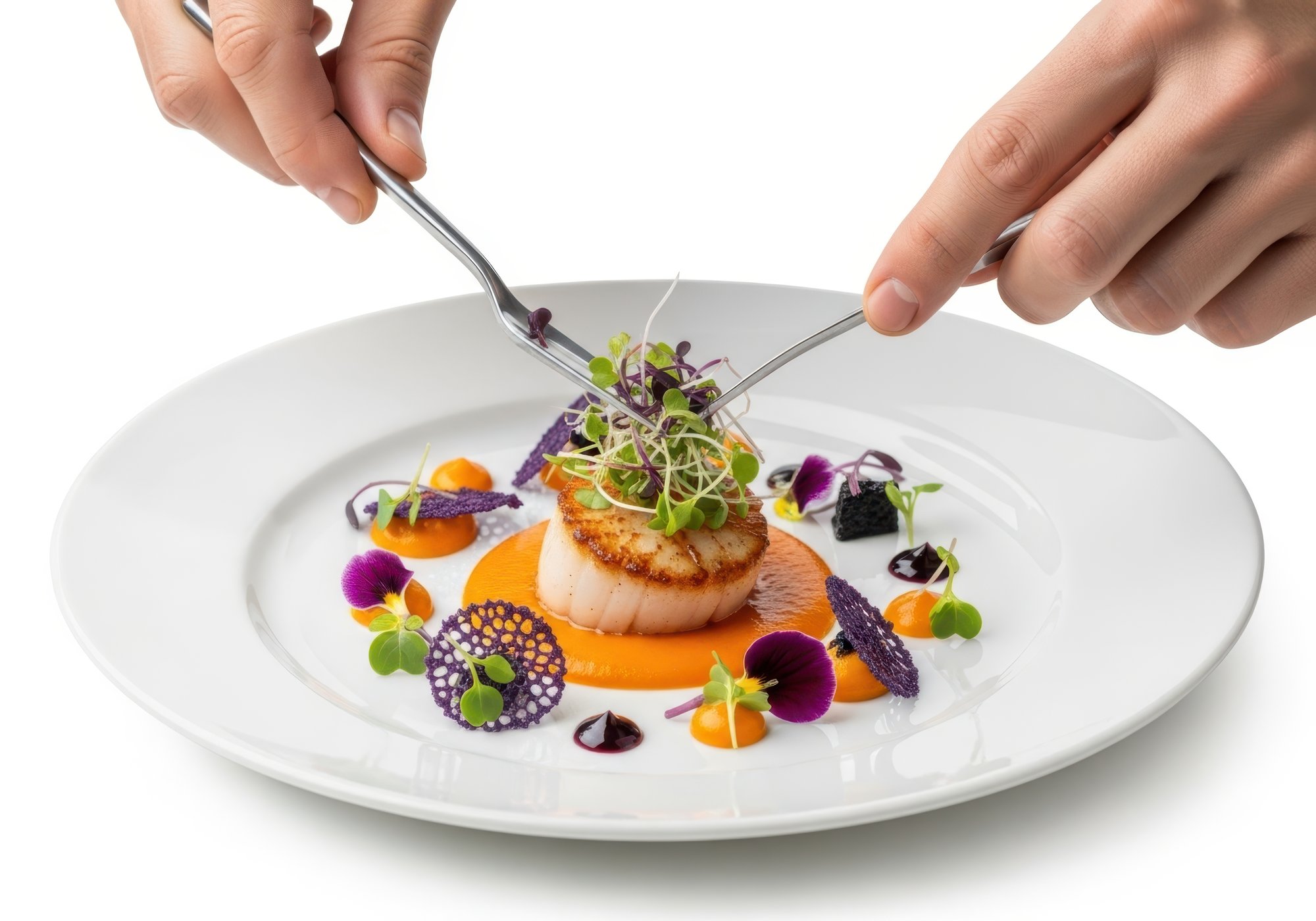 Chef al piano mentre impiatta un piatto elegante